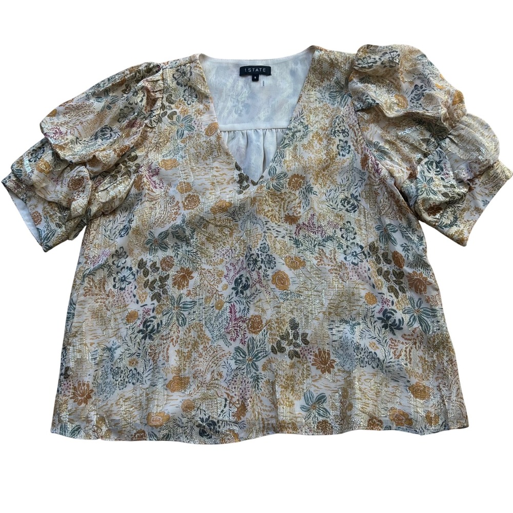 1.STATE Blouse Women S Cream‎ Floral Gold Metallic Tiered Puff Sleeve V-Neck Top